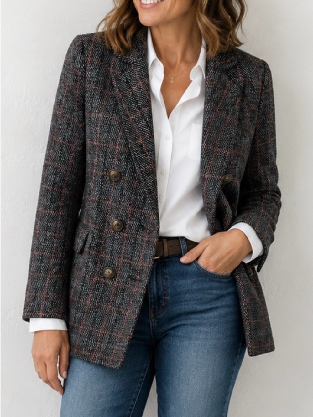 Heartloom Ivy Black & Gray Plaid Double-Breasted Tweed Blazer Size Medium, 6